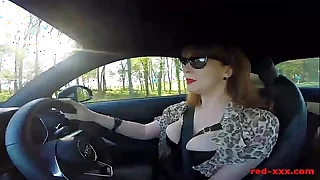 British mature Red fingers her cunt in the jalopy again